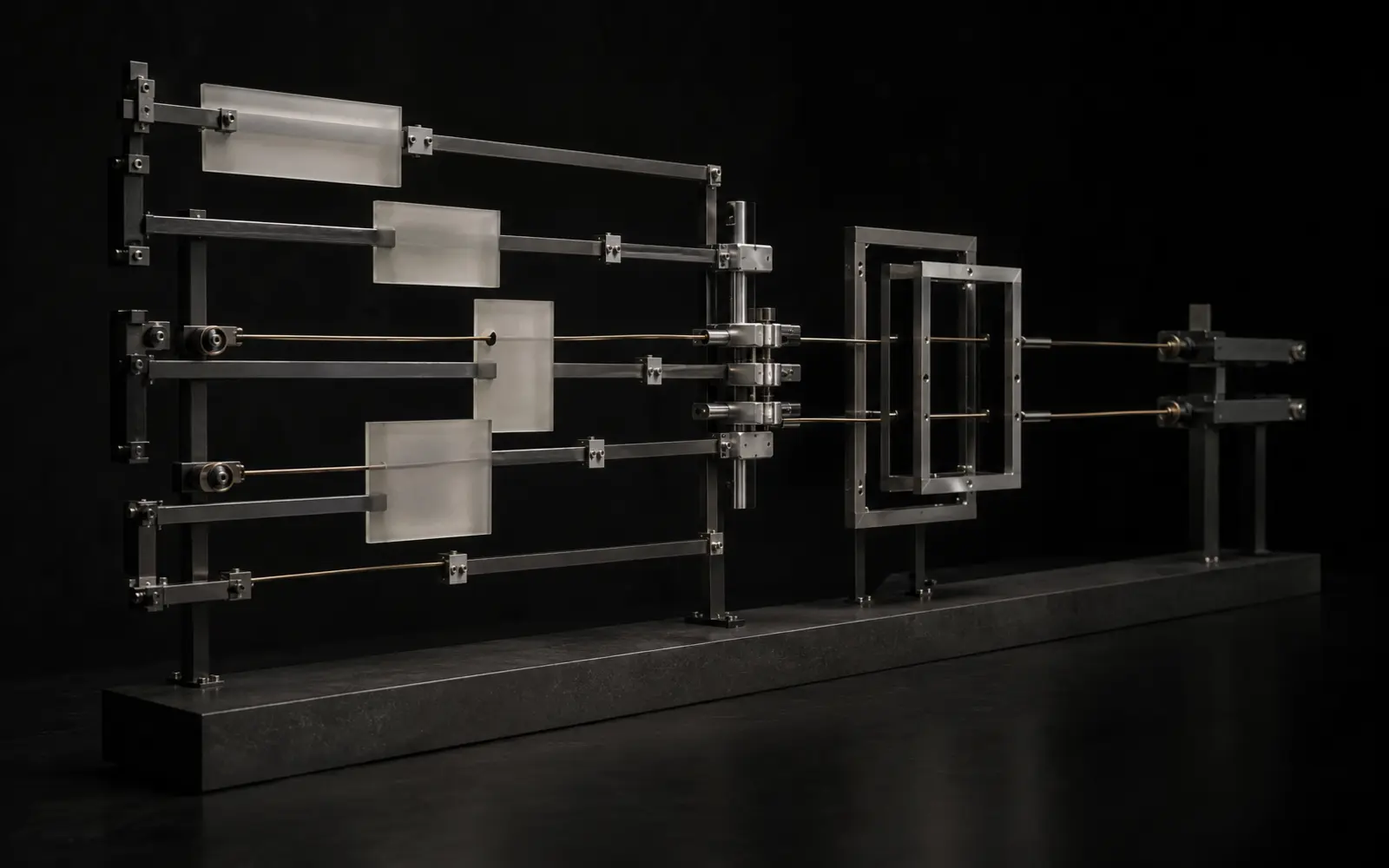 A blackened-steel orchestration mechanism routing contract plates through precision handoff frames
