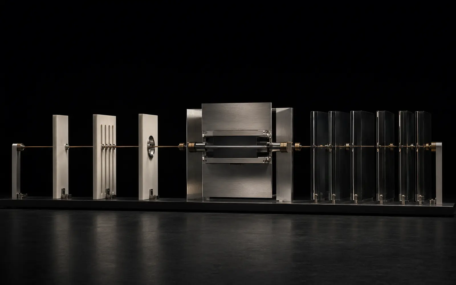 A bronze signal passing through ceramic observation fins, a machined chamber and smoked-glass containment planes