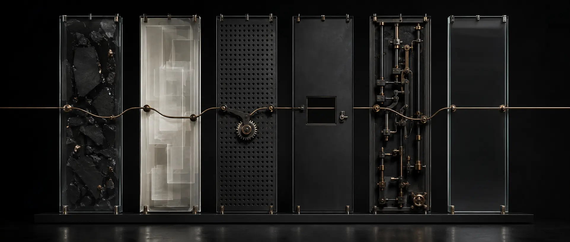 A suspended six-stage physical systems loom connected by a bronze filament